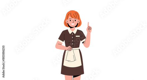 Smiling young waitress in a brown uniform and apron gestures with one hand up, suggesting an idea or offering service in a cafe or restaurant.