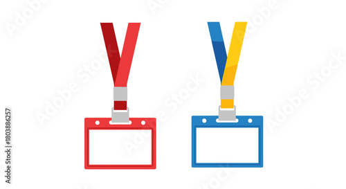 Two blank identification badges with colorful lanyards are displayed against a white background, ready for personalization and use at events or workplaces.