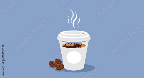 A steaming cup of coffee with coffee beans beside it, presented against a muted blue background, evoking warmth and a morning routine.