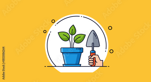 A vibrant illustration depicts a hand holding a trowel next to a potted plant, symbolizing growth, gardening, and nurturing new life in a cheerful setting.