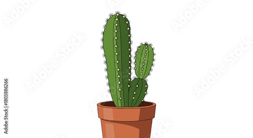 A vibrant cartoon illustration of a potted cactus with multiple green segments and visible spines, set against a clean white background.