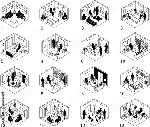 Intricate geometric crystal structures in black and white line art pattern