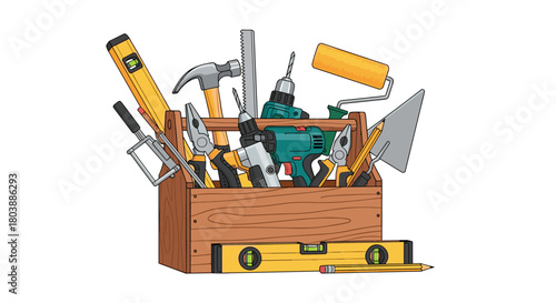 A well-stocked wooden toolbox overflows with a variety of essential hand and power tools for home repair and construction projects.