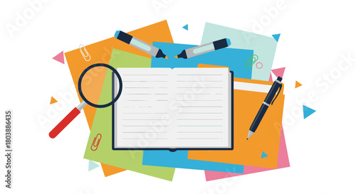 Open notebook surrounded by stationery and colorful papers, representing research, writing, or study concepts, with a magnifying glass and pens.