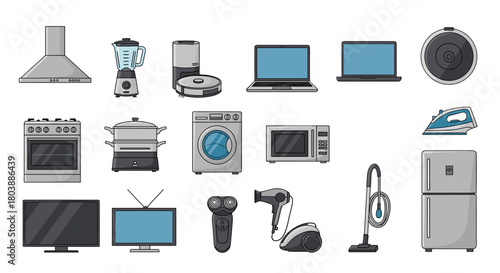 A colorful collection of modern household appliances arranged on a white background, showcasing common items for daily living and home convenience.
