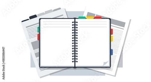 Open spiral notebook resting on a stack of papers with colorful dividers, representing organization, note-taking, and study materials for school or work.