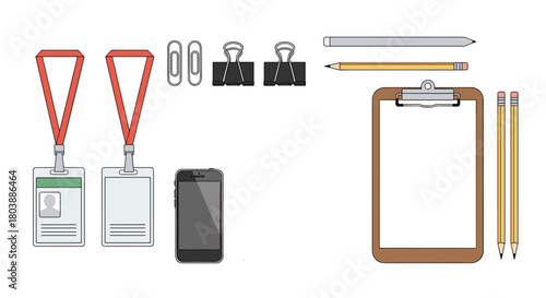 A collection of common office supplies arranged on a white background, including identification badges, a smartphone, pencils, and a clipboard.