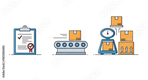 Quality control process illustration featuring inspection, conveyor belt, and weight check for shipping and logistics operations.