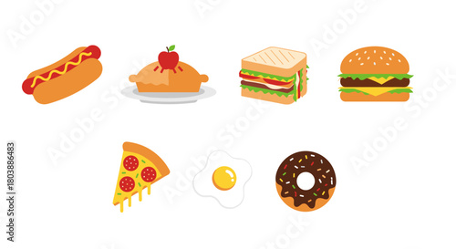 A colorful collection of fast food and common meal items, including hot dogs, pizza, burgers, sandwiches, and desserts, presented in a flat design style.