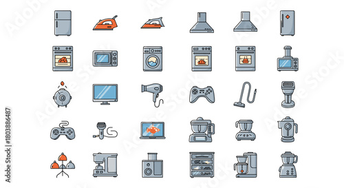 A colorful collection of flat design home appliance icons, including kitchen and laundry equipment, personal care items, and entertainment devices, presented in a grid layout.