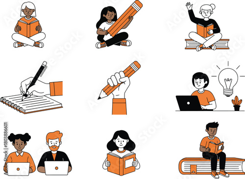 Diverse group of people reading and studying with books and laptops illustration