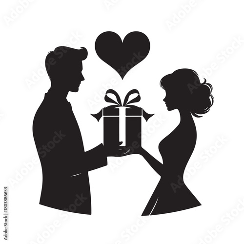 Couple exchanging a gift silhouette