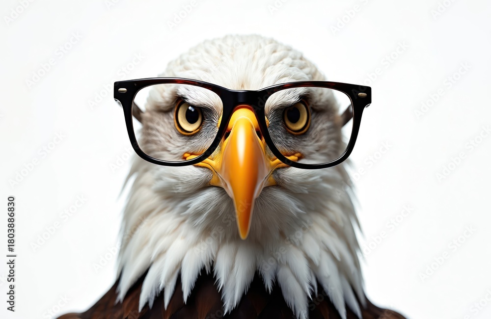 Fototapeta premium Wise bald eagle wears eyeglasses, posing against white background. Majestic bird of prey shows intelligence and focus. Close up portrait of wild animal.
