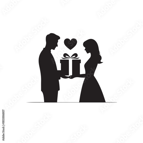 Couple exchanging a gift silhouette