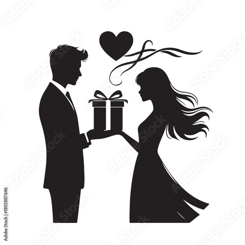 Couple exchanging a gift silhouette
