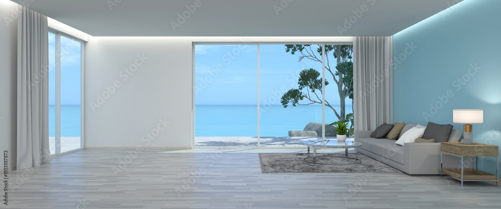 Naklejka premium Image of the interior of the living room with a view of the sea on a clear day with bright sunlight. 3d illustration.