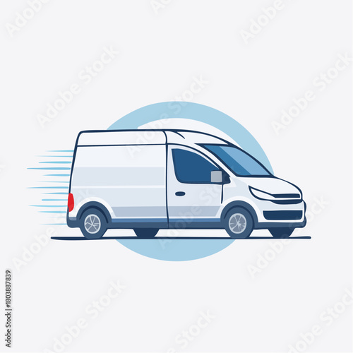 Minimalist outline illustration of a sleek, modern delivery van in motion. This icon features a subtle speed blur effect, representing fast shipping and logistics services