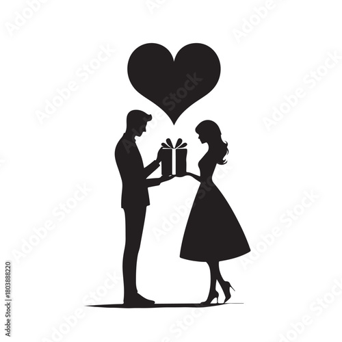 Couple exchanging a gift silhouette