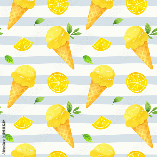 Summer citrus design with lemon slices, leaves and striped background. Watercolor lemon ice cream seamless pattern. 