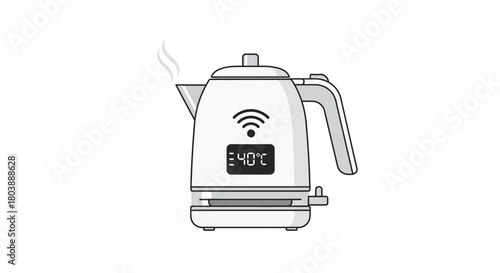 White electric kettle showing 40C on a screen with a handle and base Steam rises from the spout