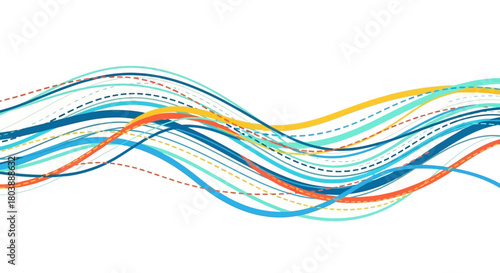 Wavy vibrant lines intertwine against a white backdrop creating a dynamic visual pattern