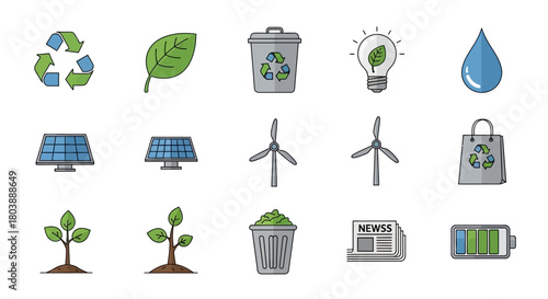 15 icons gray outline color green  blue recycle solar panel tree trash can bulb water drop wind turbines battery newspaper