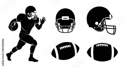 A blackandwhite silhouette image featuring a football player helmet views and football depictions