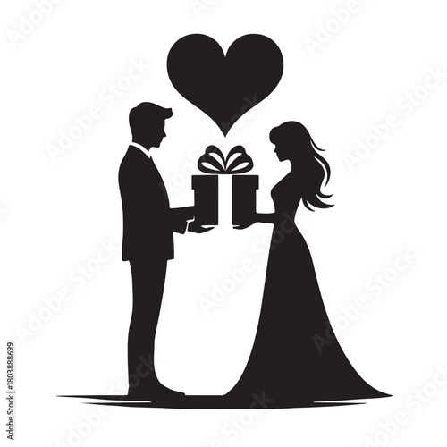 Couple exchanging a gift silhouette