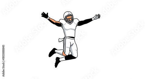A football player in a white uniform leaps with arms outstretched