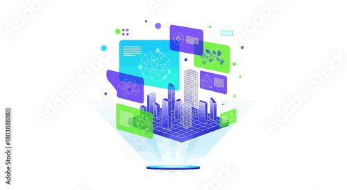 A futuristic city hologram with floating data panels and a base platform