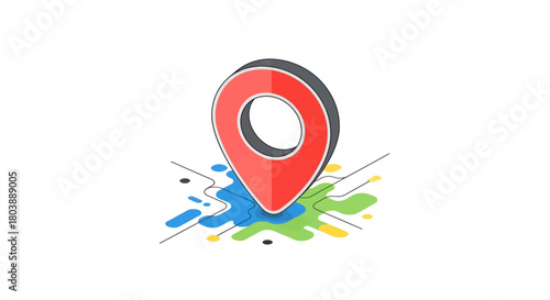 A red location pin stands on a cartoon map with roads blue green and yellow patches