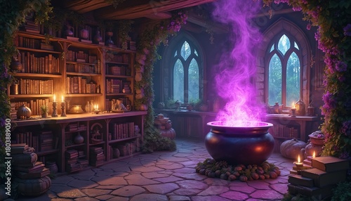 Magical room filled with old books, glowing candles, and bubbling cauldron emitting purple smoke. Witch or wizard prepares potion in mystical library setting with gothic windows showing forest.