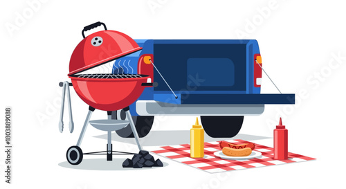 A tailgate grill scene features a red grill blue pickup truck picnic blanket condiments and hot dogs suggesting a cookout