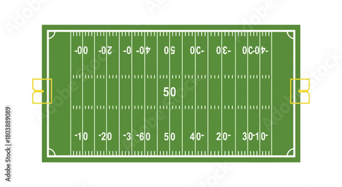 A topdown view of an American football field clearly marked with yard lines numbers and goalposts