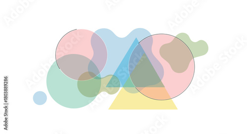 An abstract arrangement featuring translucent circles triangles and blobshaped forms creating overlapping colors