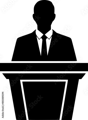 Monochrome vector-style silhouette of a professional speaker standing behind a lectern