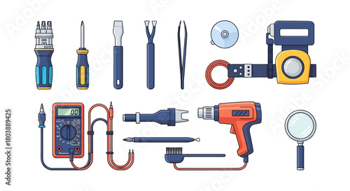 An array of tools including screwdrivers probes a multimeter tweezers suction cup heat gun and magnifying glass