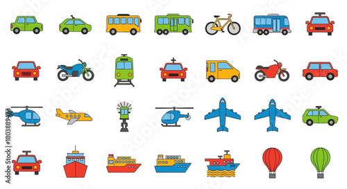Array of colorful vehicle icons arranged in rows on a white background