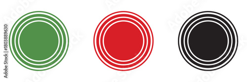 Rubber stamp icon.  Collection of grunge-style round  stamp shapes in green, red, and black, ideal for labels, signs, badges, or graphic design elements.
