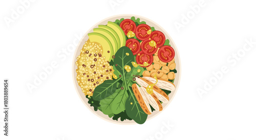 Bowl of quinoa avocado tomatoes chickpeas chicken  leafy greens with yellow dressing