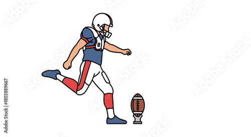 Cartoon of a football player in blue and white about to kick the ball