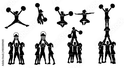 Cheerleading silhouettes show various stunts jumps and formations against a white backdrop