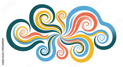 Colorful stylized swirls emanate from a central point