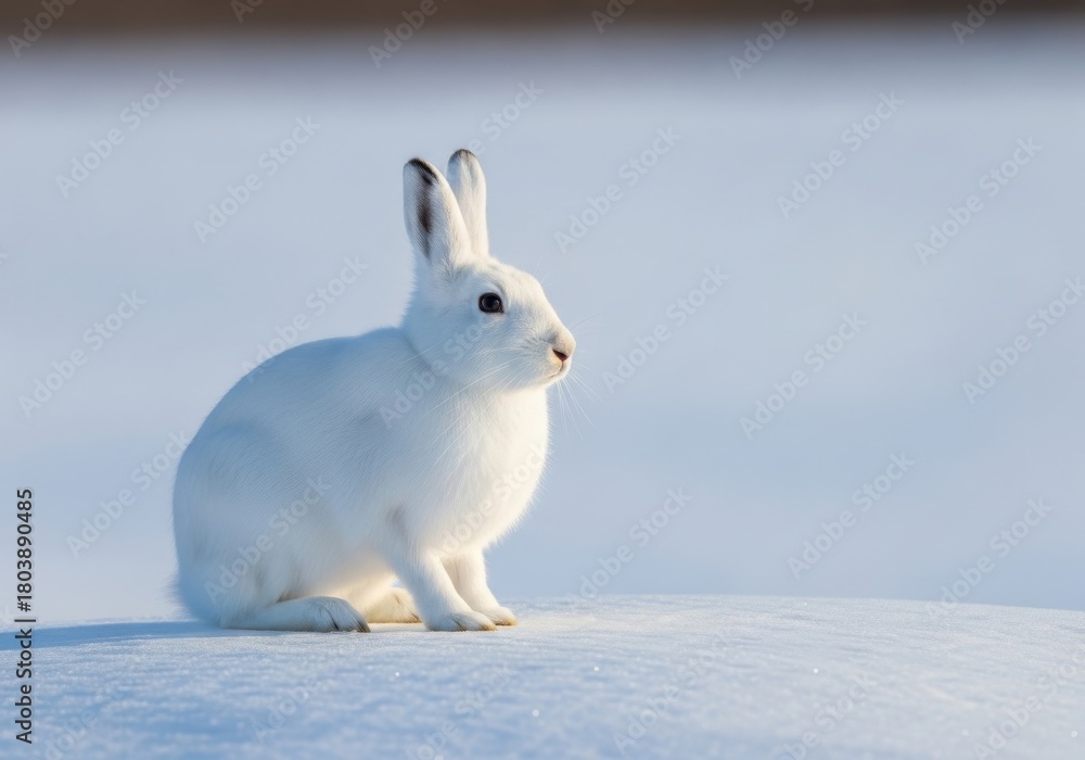 Obraz premium Arctic hare sitting on snowy hill