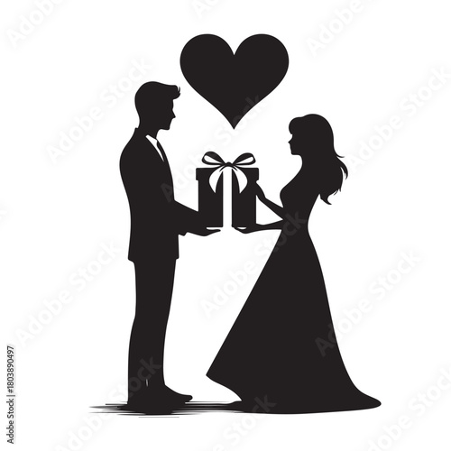Couple exchanging a gift silhouette