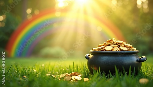 Black pot brimful of gold coins sits on rich green grass under a bright rainbow and sunlight. Small piles of money scattered nearby symbolize luck and wealth on a sunny day.