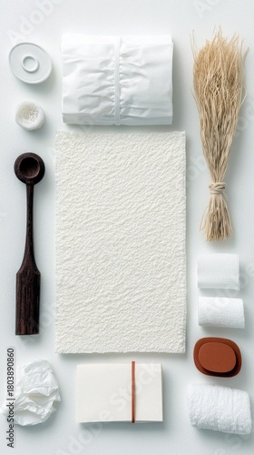 A flat lay composition of various white and natural textured objects, arranged symmetrically on a white background.