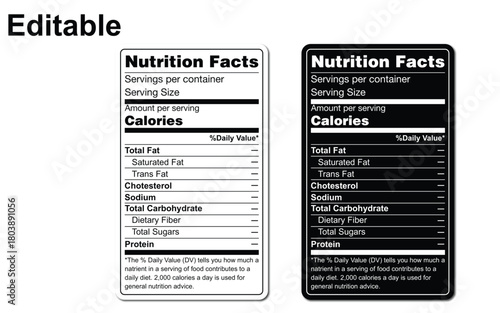 Editable nutrition facts label set, white and black versions