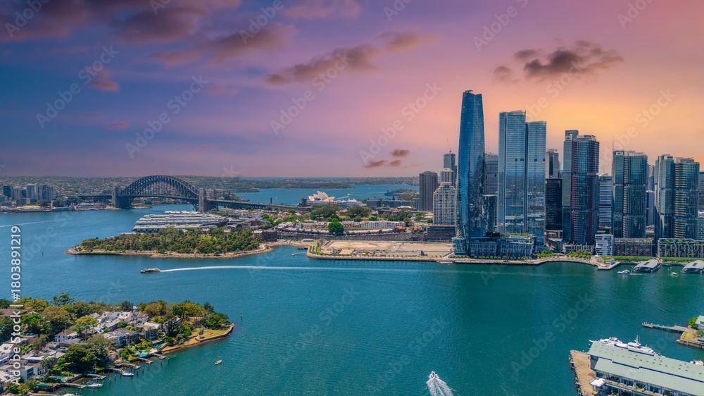 Fototapeta premium 18 November 2025 Panoramic night view of Sydney Harbour and City Skyline of NSW Australia beautiful colourful skies on a beautiful spring day