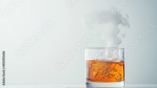 Clear glass holds amber liquid with ice. White vapor rises dramatically from the drink's surface, creating an abstract swirl effect, evoking a sense of culinary experimentation.